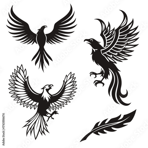 Vector art of collection of black phoenix birds in different poses