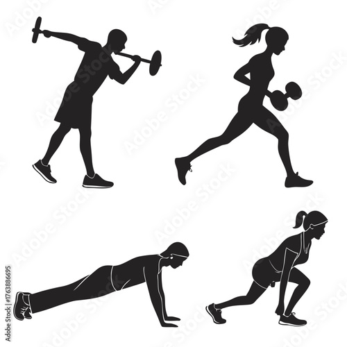Vector art of silhouette of people doing exercises fitness concept
