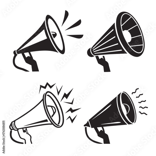 Vector art of silhouette of four megaphones, vector illustration