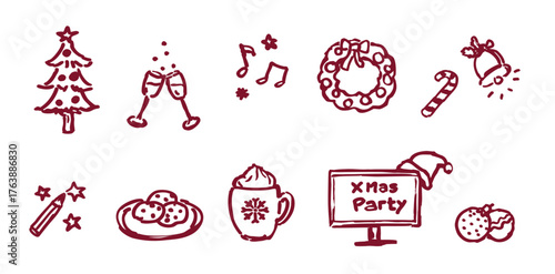 Xmas party hand drawn icons, isolated vector illustration drawing