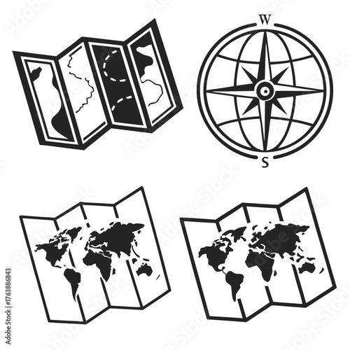 Vector art of world map, compass rose, and folded map icons for design use