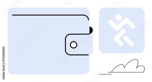 Closed wallet with button clasp in light blue, running figure icon suggesting quick action, and simple cloud element for modern, dynamic concepts. Ideal for finance, speed, mobility, safety