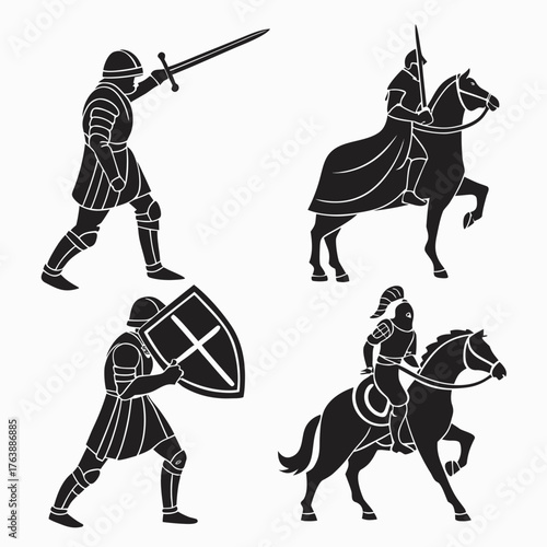 Vector art of medieval knight silhouettes in various poses and armor