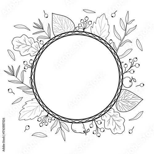 Autumn round frame with foliage and berries in doodle style. Cartoon illustration for decor.