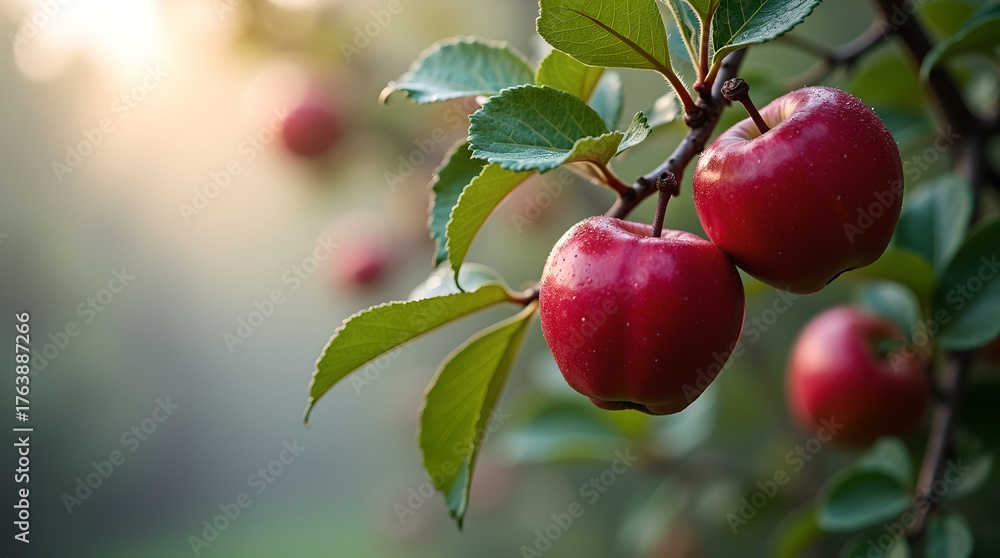 Obraz premium Ripe red apples hanging on a tree branch