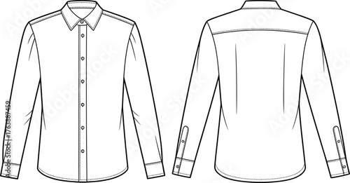 Flat vector sketch of men's dress shirt, front and back views, technical fashion drawing, apparel design template, long sleeve shirt illustration