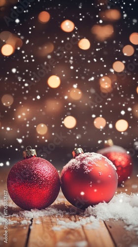 Red Christmas Ornaments on a Wooden Surface With Falling Snow and Blurred Lights in the Background