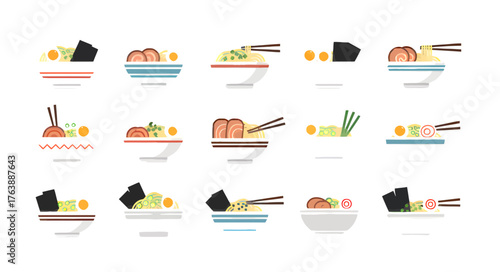 Collection of stylized ramen bowls with various toppings