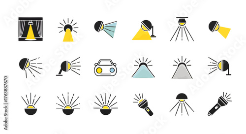 Collection of light and spotlight icons with diverse applications