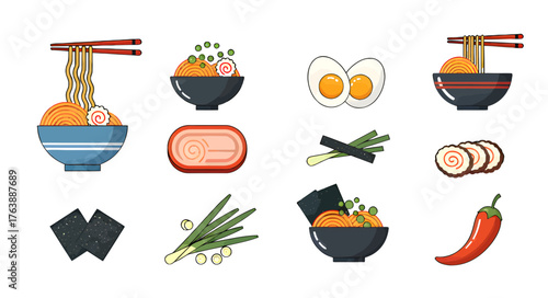 Collection of japanese ramen ingredients and dishes