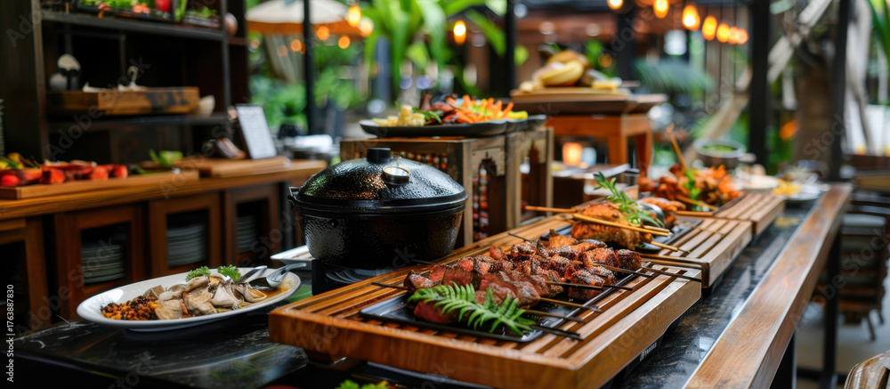 Fototapeta premium Gourmet Spread in Elegant Dining: A meticulously arranged buffet table overflows with a vibrant array of culinary delights, from grilled delicacies to fresh salads and sides.