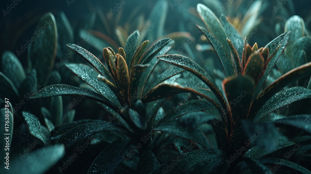 Obraz premium Dark foliage plant close up, digital art style, dewy leaves with dramatic lighting