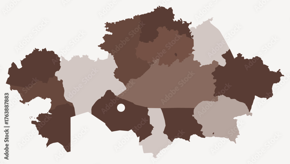 Fototapeta premium Map of Kazakhstan with regions. Just a simple country border map with region division. Brown color palette. Plain Republic of Kazakhstan shape with administrative division. Vector illustration.