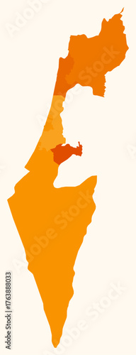 Map of Israel with regions. Just a simple country border map with region division. Orange color palette. Plain State of Israel shape with administrative division. Vector illustration.