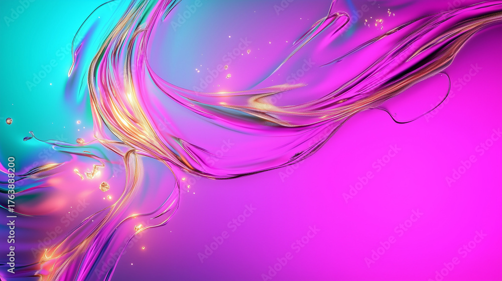 © apimagine - An abstract purple, blue, golden, and pink minimal background with spilled colors flowing and dripping across the canvas, creating a vibrant explosion of paint as soft neon light falls over it.