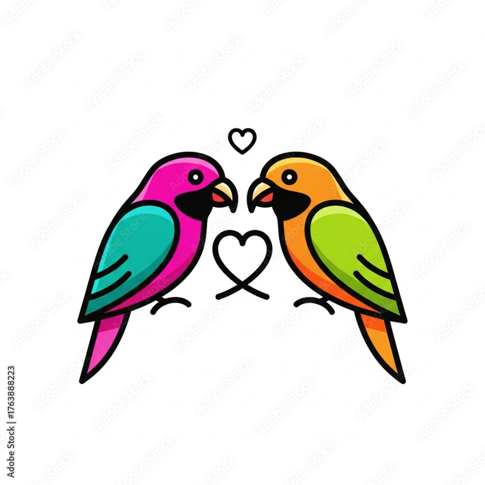 Obraz premium Cute Cartoon Birds in Love Illustration, Vector Design with Vibrant Colors and Black Outline for Valentine's Day or Wedding Invitation Design Concept