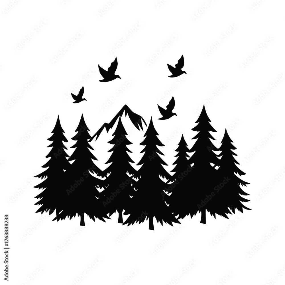 Obraz premium pine forest and mountain with flying birds silhouette