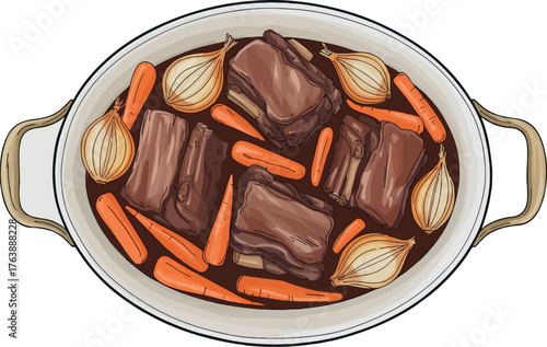 This top-down view shows multiple pieces of braised short ribs nestled in a deep, rich sauce within an oval dish, accompanied by whole carrots and onions. 