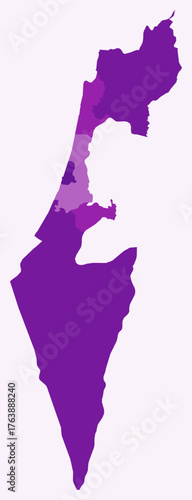 Map of Israel with regions. Just a simple country border map with region division. Purple color palette. Plain State of Israel shape with administrative division. Vector illustration.