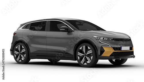 Photos Transparent background, gray colored modern electric suv car at a front right angle, highlighting its LED headlights and modern grille in a detailed 3D render
