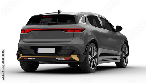 Transparent background, a gray colored modern electric suv car at a rear right angle, highlighting its streamlined back and sculpted body in a stunning 3D render.