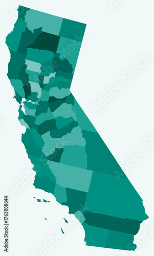 Map of California with counties. Just a simple state border map with county division. Teal color palette. Flat State of California shape with administrative division. Vector illustration.