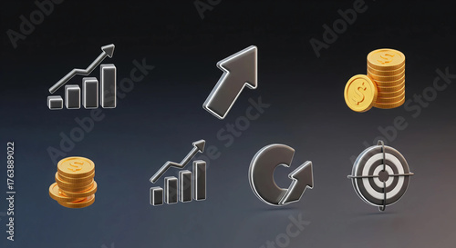 Business and Finance Icons Featuring Charts, Coins, Arrows, and Target Symbols in a Clean Two-Row Layout
