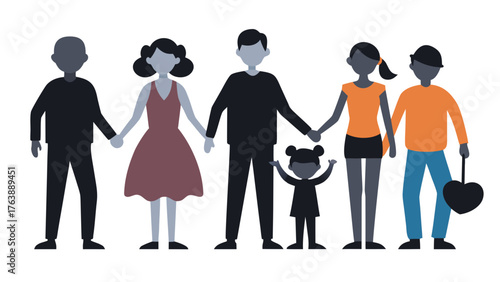 Diverse family group holding hands with a child in the middle and a heart symbol