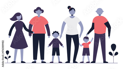 Diverse stylized family group of parents and children standing together with plants