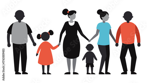 Diverse family holding hands in a row with children and adults together