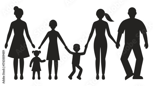 Diverse family group holding hands in a unified silhouette against a white background
