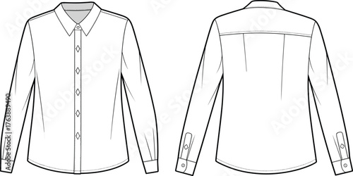 Long sleeve button-up shirt technical sketch, front and back view, fashion flat drawing, classic collar, cuffed sleeves, vector garment design template