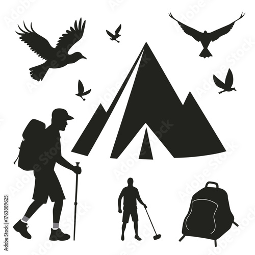 Silhouette of hikers with backpacks and trekking poles near mountains with birds flying