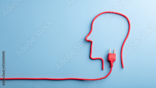 Electric cable shaping a human head with a plug conveying digital connection and mental energy, suggesting recharge focus and mindful technology use for balanced productivity.
