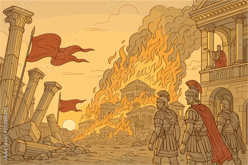 Epic Illustration of the Fall of Ancient Rome with Burning City and Roman Soldiers