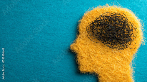 Human head silhouette with tangled thread symbolizing anxiety and mental overload, illustrating cognitive stress and the need for mental health care and emotional support.
