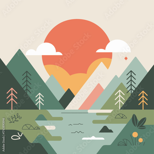 A colorful vector illustration of an abstract mountain landscape, a perfect design concept for business or summer art