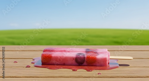 Melting fruit popsicle on wooden table in summer, tasty dessert, sweet treat, refreshing, outdoor, sky view