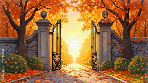 Autumn gate entrance with orange trees and sunset background
