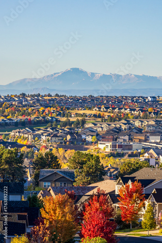 Colorado Living. Centennial, Colorado - Denver Metro Area Residential Autumn Panorama with the view of the Front Range mountains in the distance