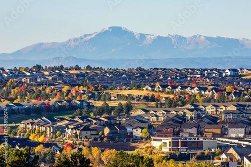 Colorado Living. Centennial, Colorado - Denver Metro Area Residential Autumn Panorama with the view of the Front Range mountains in the distance