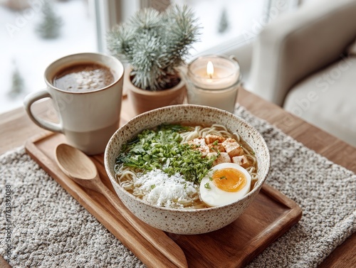 Nourishing Ramen Bowl with Soft Egg & Chicken, a Cozy Winter Meal Beside Warm Coffee & a Gentle Candlelight Glow