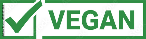 A green vegan stamp with a check mark in a box, indicating that a product is vegan. The stamp is isolated on a white background. This image is perfect for use in articles, blog posts, or marketing mat