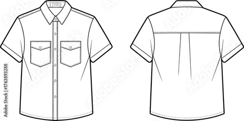 Short sleeve button-up shirt technical sketch, front and back view, fashion flat drawing, garment construction template, vector apparel design illustration