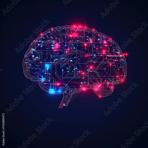 Digital glowing brain with circuits and neural lights symbolizing artificial intelligence, technology, innovation, and futuristic machine learning.