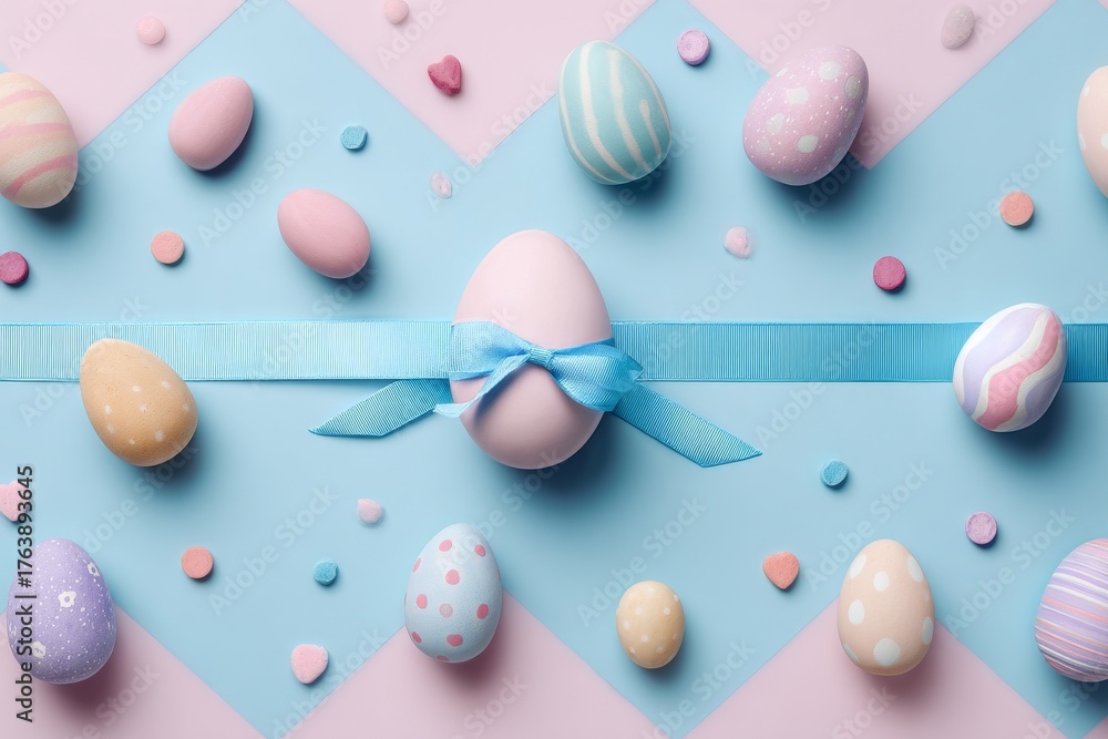 Fototapeta premium Colorful Easter Eggs Arranged on a Pastel Background With Flowers and Leaves