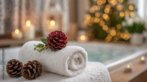 Close-up of towel rolled neatly on the edge of a luxurious tub, surrounded by pinecones and subtle holiday decorations, warm light highlighting textures and cozy ambiance