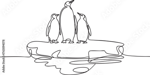 Continuous one line drawing of a penguin family standing on ice in a cold winter scene, minimalist wildlife illustration