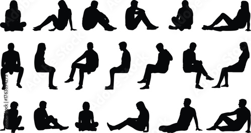 Silhouettes of diverse, relaxed people in various sitting, cross-legged, and reclining poses, for architectural, urban, and landscape
