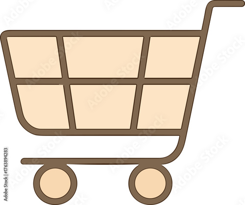A simple, flat-style shopping cart icon with rounded shapes and a soft beige and brown color palette.